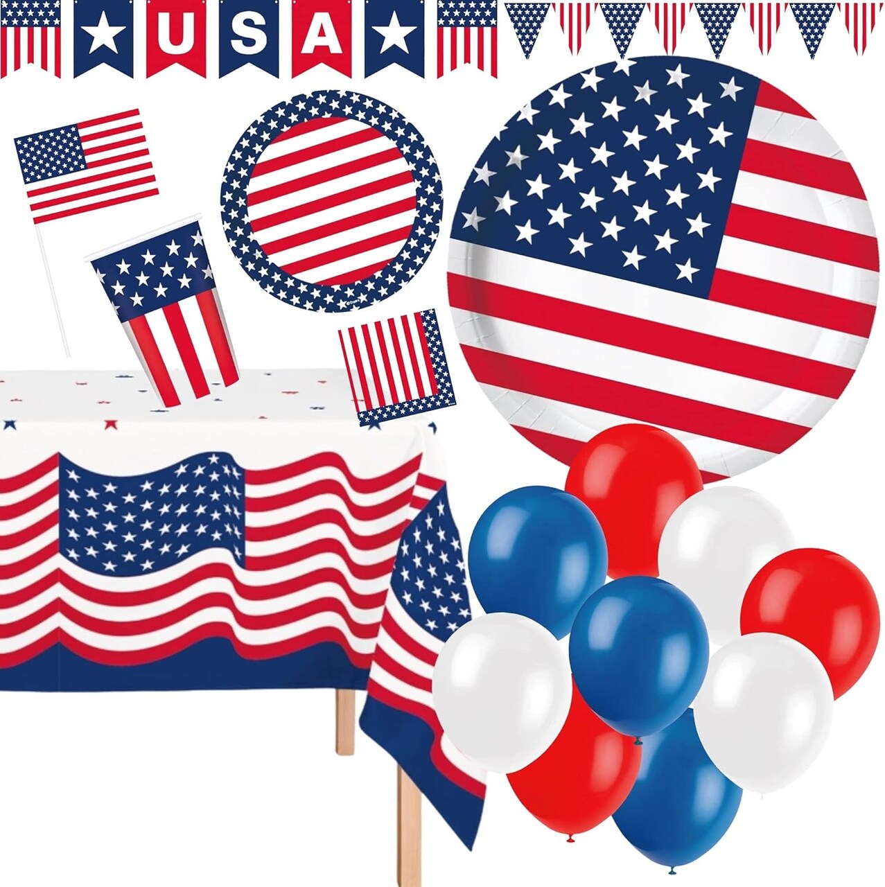 4th of July Party Supplies for 30 – Plates, Cups, Napkins, Table Cover, Banners, Balloons & Flags